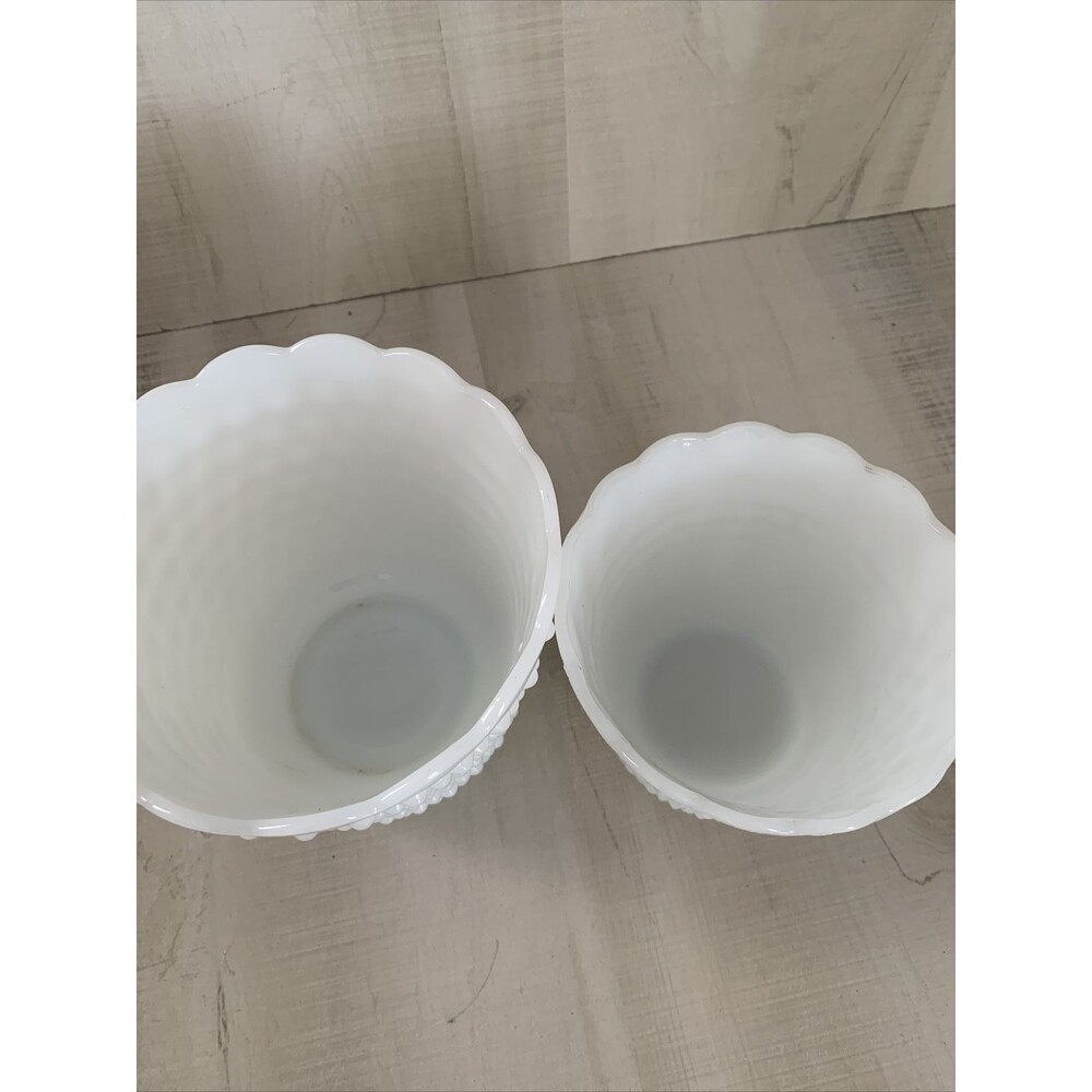 Vintage 2 Fire King Oven Ware White Milk Glass Hobnail Scallop Edge Bowl Vases - Picture 7 of 10